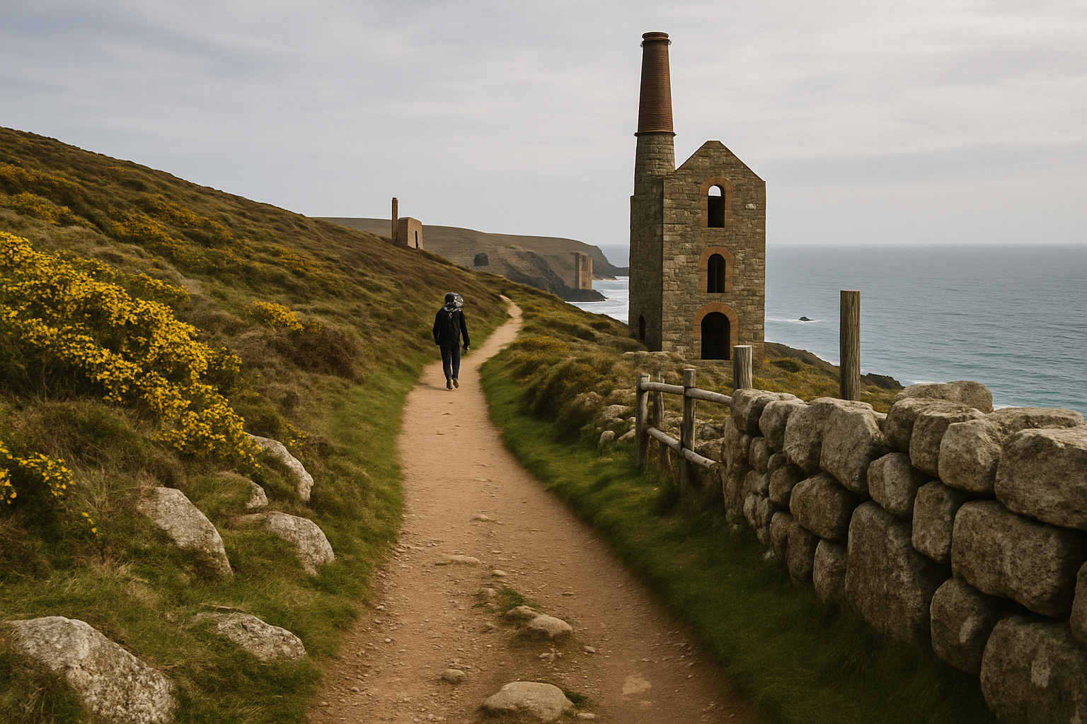The coast path approaching Levant Mine through the surrounding former mining landscape
