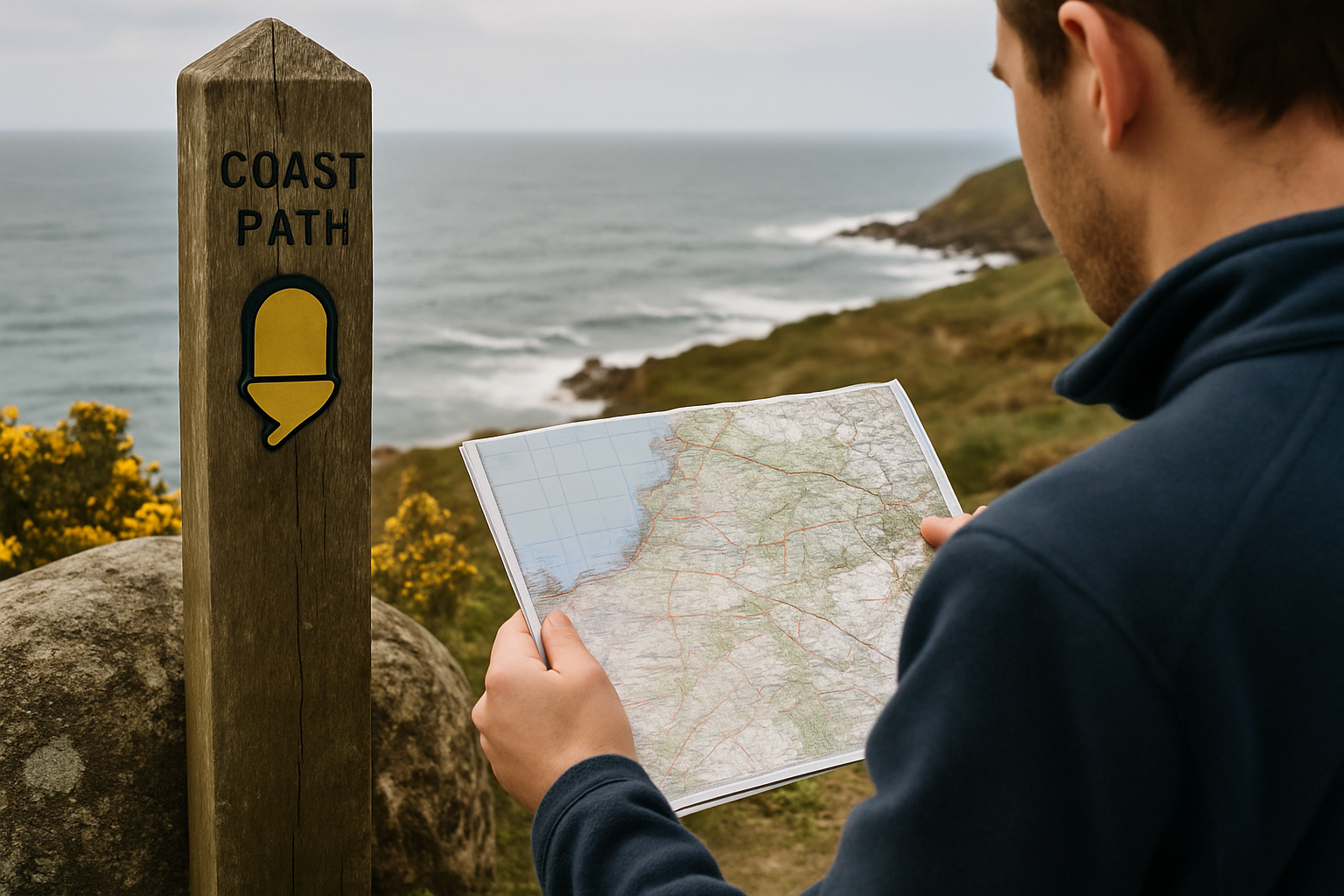 An official coast path waymark post beside a paper OS map held by a walker