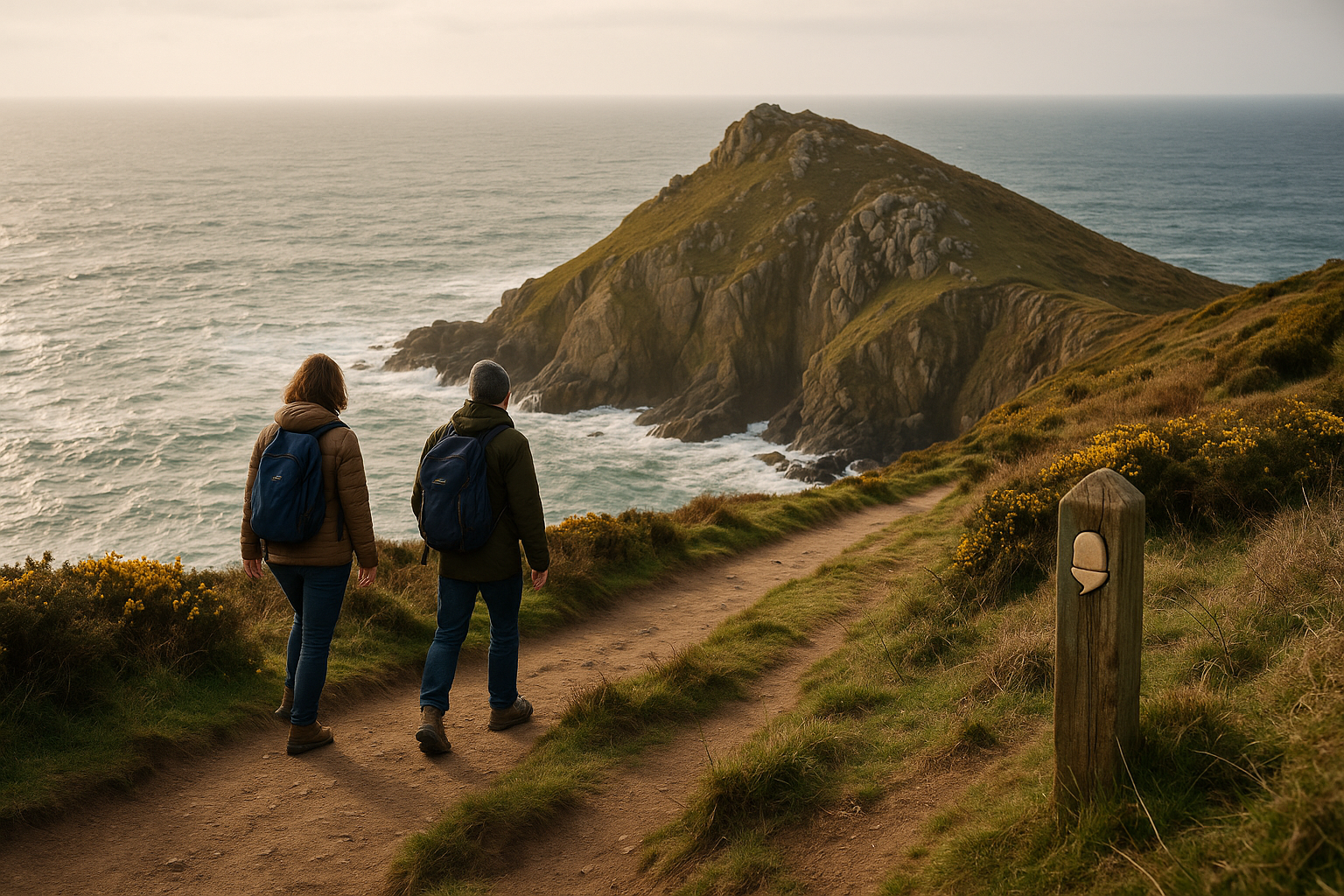 Walkers on the South West Coast Path above a granite headland in west Cornwall, with the Atlantic and the signed coast path visible below