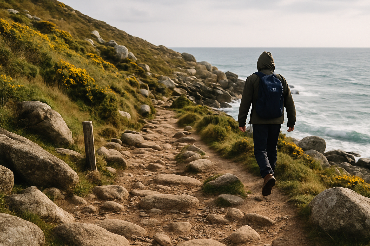 The rocky, boulder-strewn coast path west of St Ives near Clodgy Point