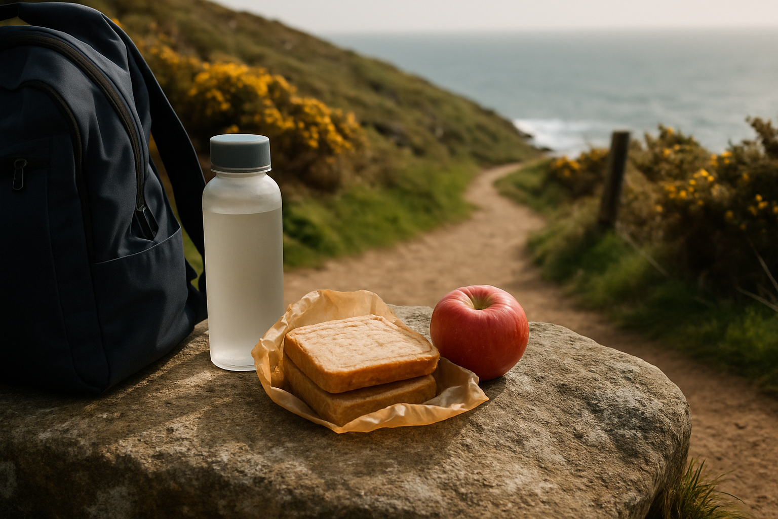 A simple packed lunch and refillable water bottle prepared for a coast walk