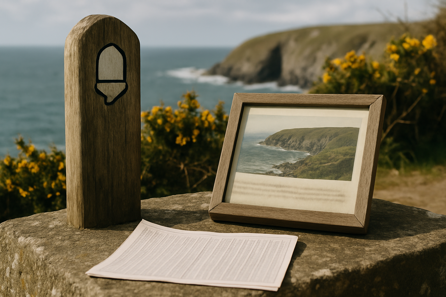 A coast path waymark sign, a heritage interpretation panel and a printed tide table