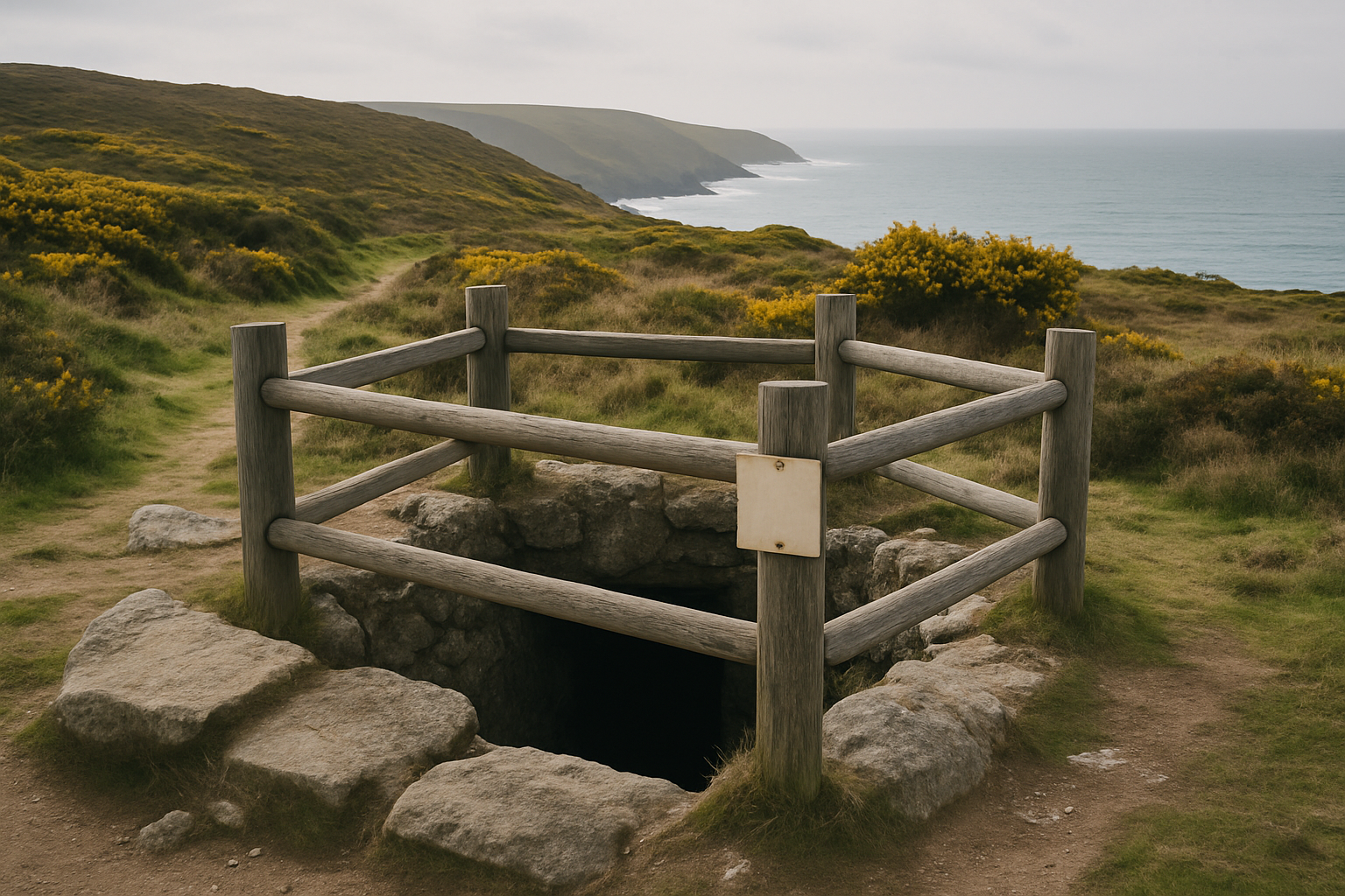 A fenced-off mine shaft with a warning sign at a Cornish heritage site