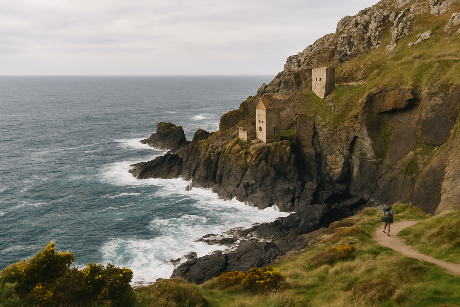 The Crowns engine houses at Botallack seen from a safe upper cliff viewpoint