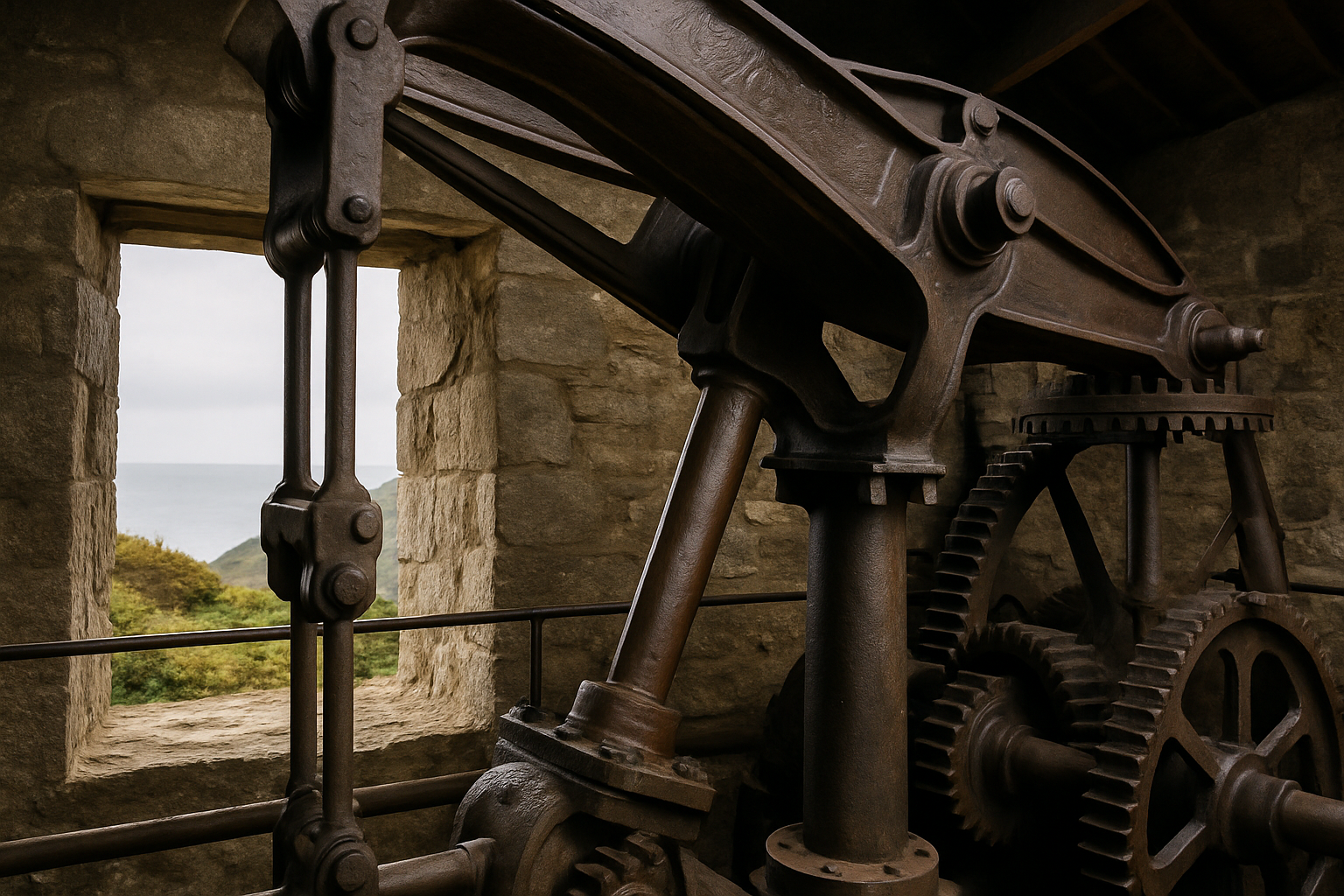 Interior detail of the restored beam engine machinery at Levant Mine