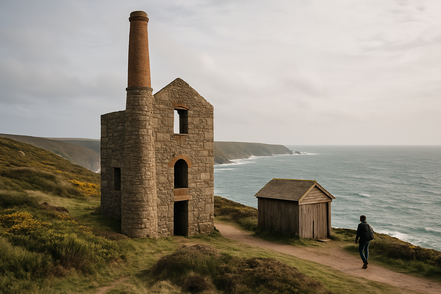 Levant Mine's engine house on the cliff top with the surrounding mining landscape visible