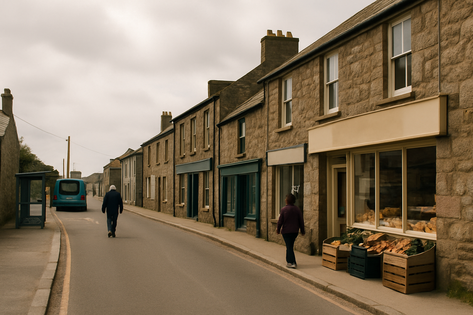 A village bus stop and shopfronts in St Just, far west Cornwall