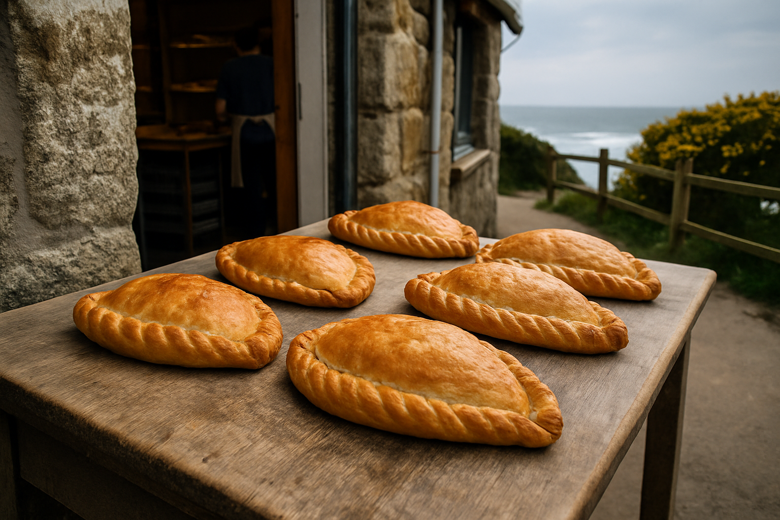 Freshly baked Cornish pasties cooling on a bakery counter