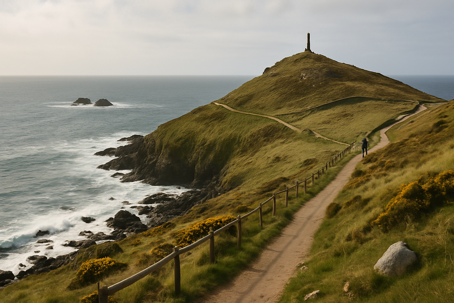 Wide coastal view of Cape Cornwall with the coast path visible along the headland