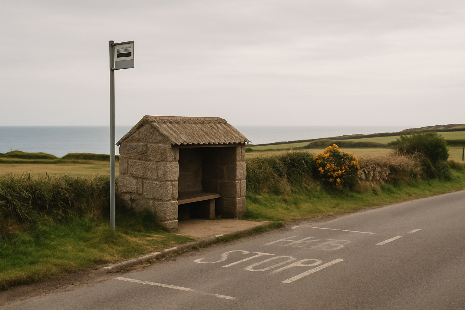 A rural bus stop on the coast road in far west Cornwall