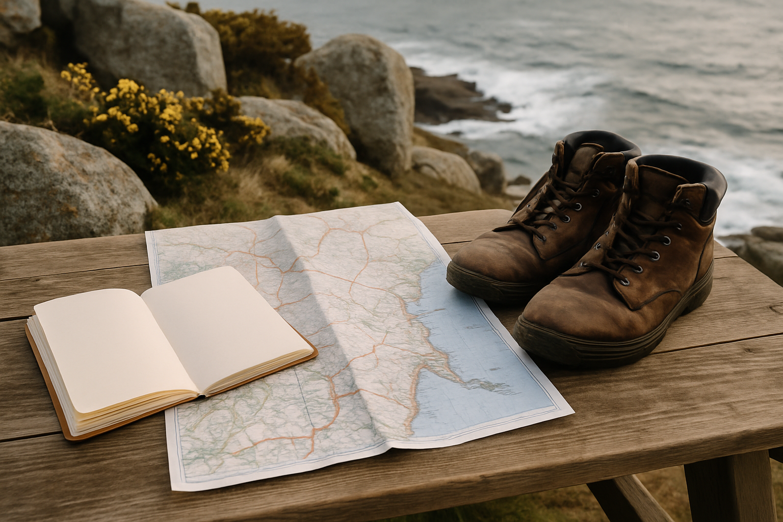 A field notebook, paper OS map and walking boots laid out for route research