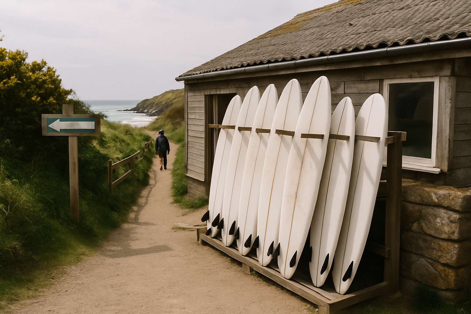 Surfboards racked outside a beachside surf-hire shop with a signed beach access path