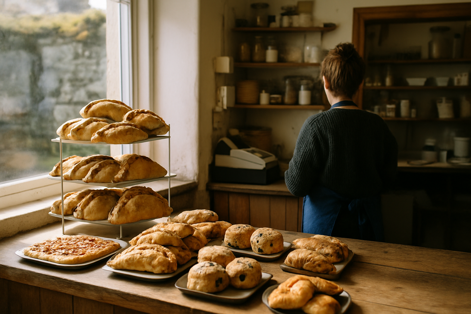 The counter of an independent Cornish bakery with pasties on display