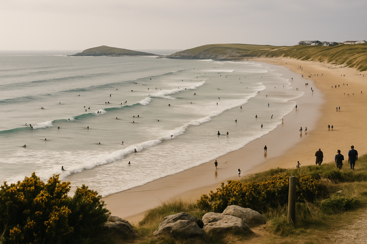 Fistral Beach's wide sweep of sand and headlands, with surfers spread across the break