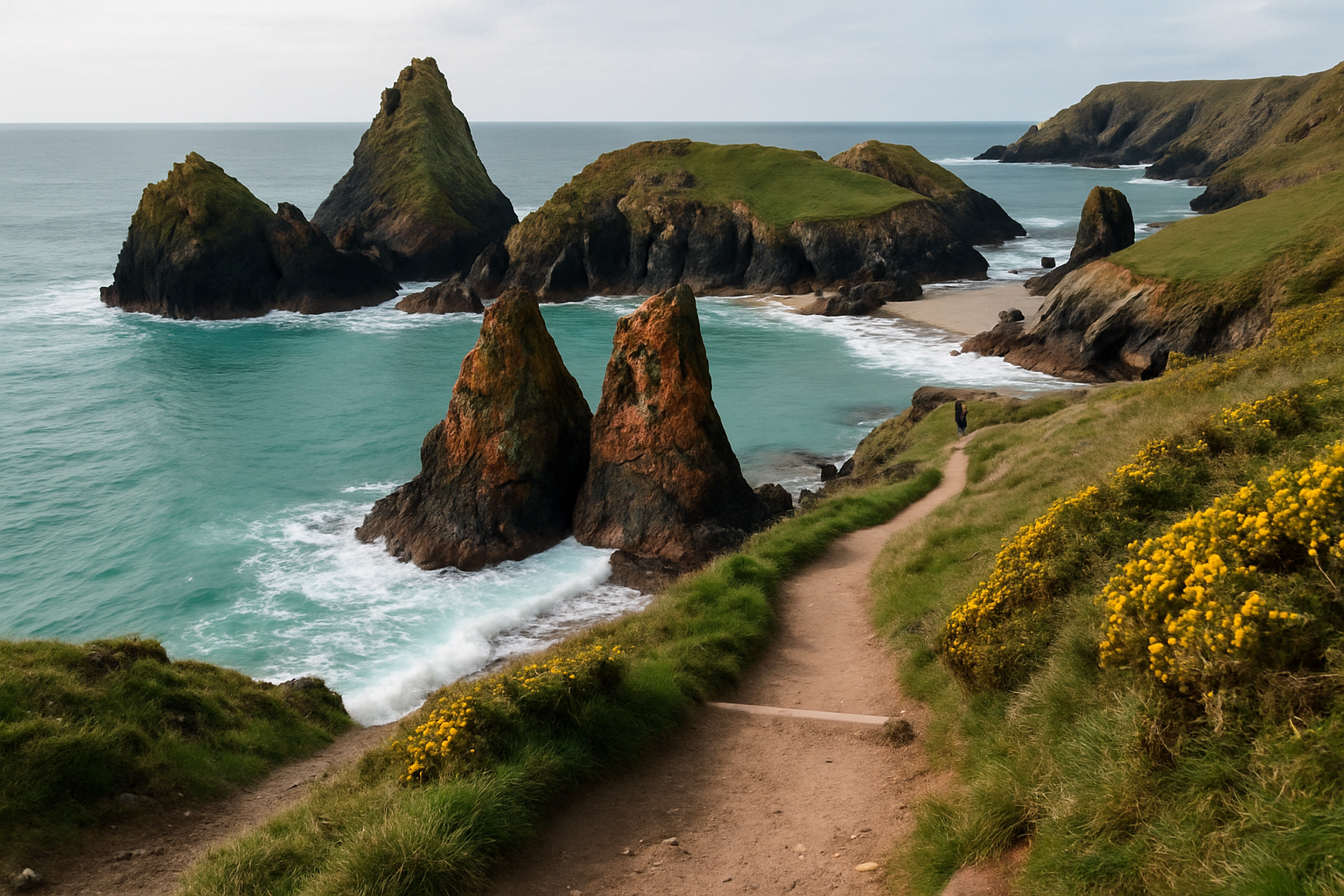 Kynance Cove's serpentine rock stacks seen from the cliff path above