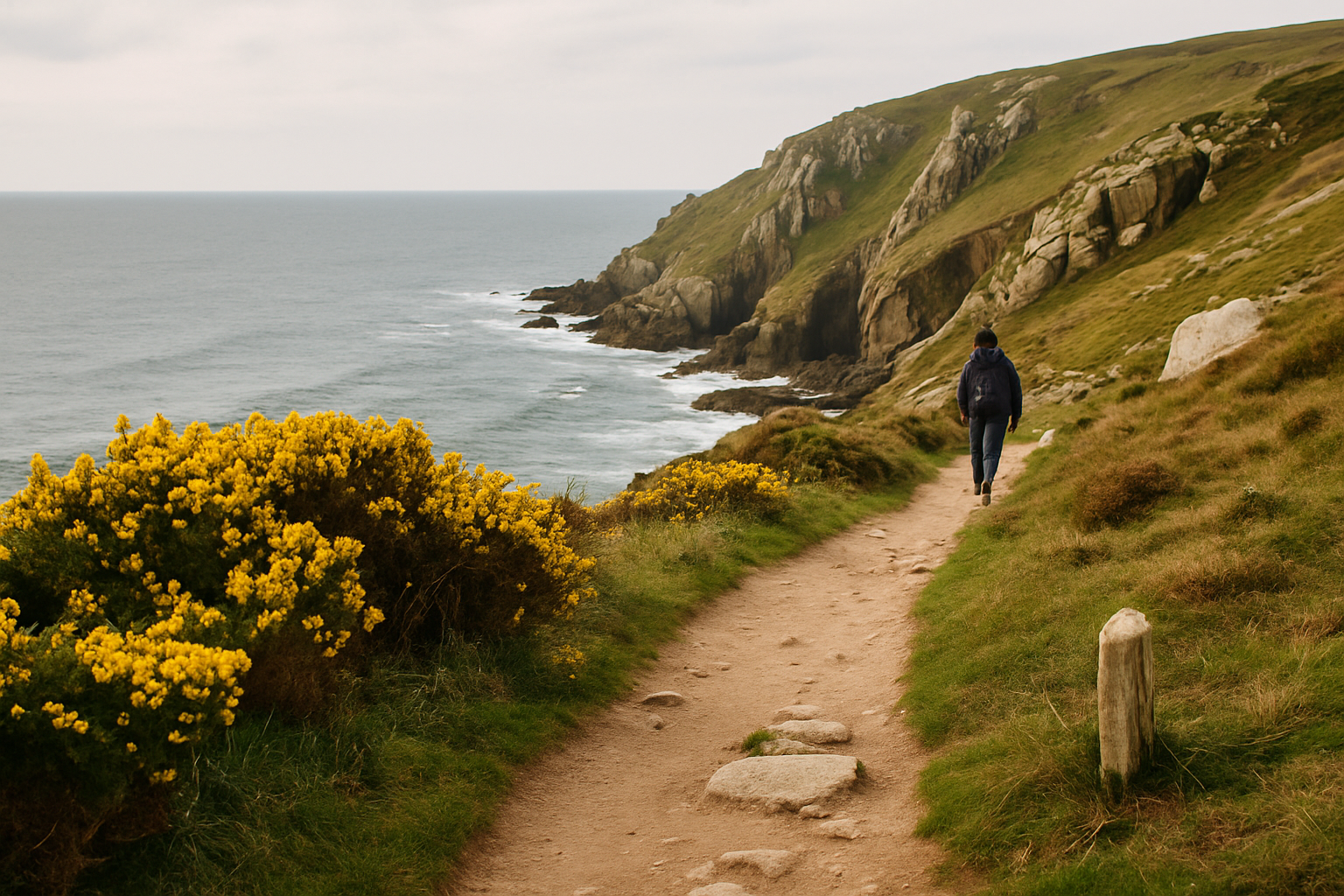 Granite coast path with gorse and exposed cliffs west of Zennor