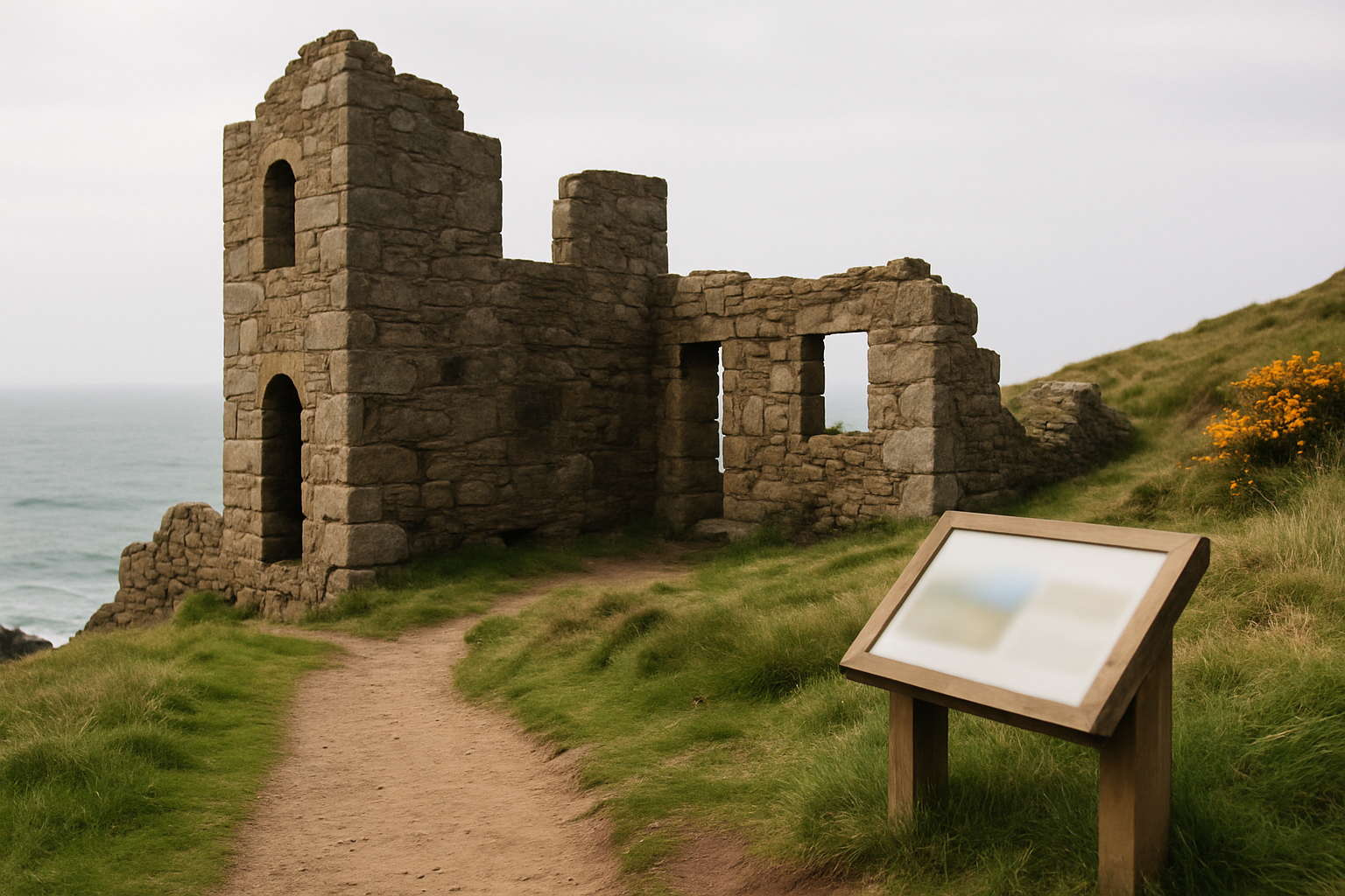 Surviving mine masonry and interpretation panels at Botallack