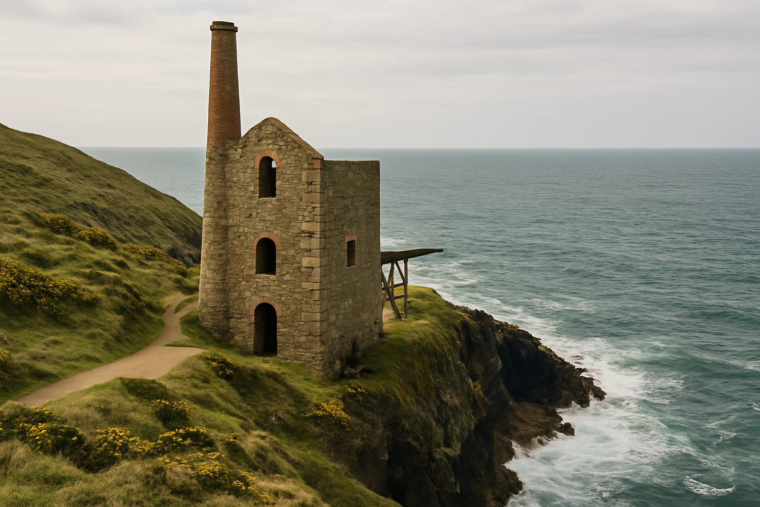 Levant Mine's engine house standing on the cliff edge above the Atlantic