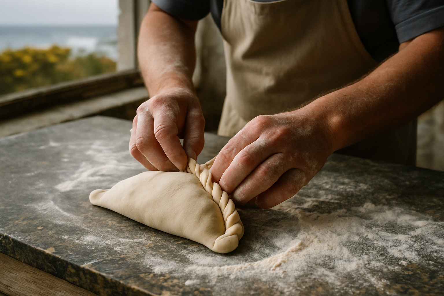 A baker's hands side-crimping a raw Cornish pasty before baking