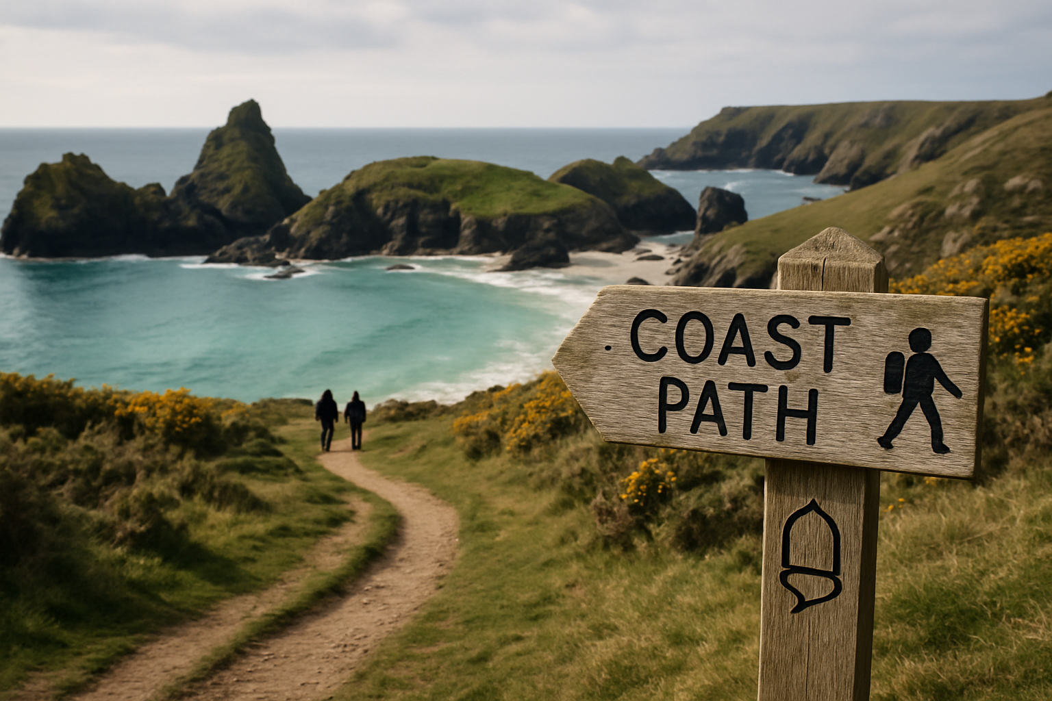 Signed coast path on the Lizard peninsula above Kynance Cove