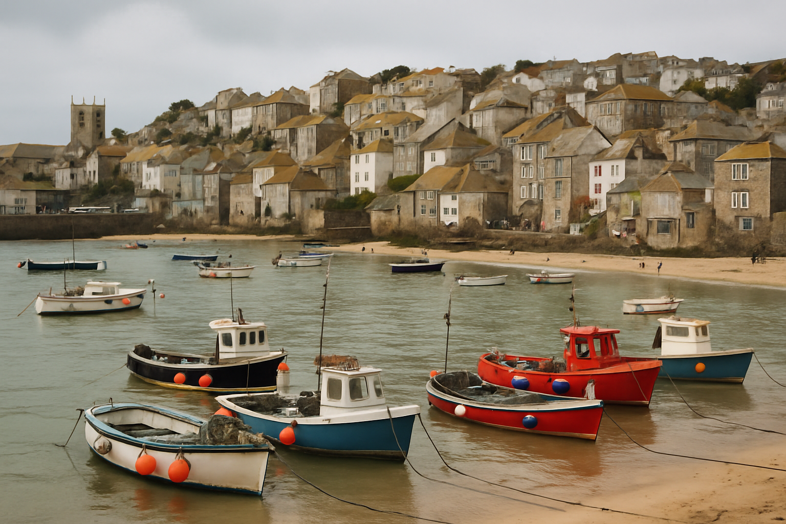 St Ives harbour with fishing boats and the town's narrow streets behind