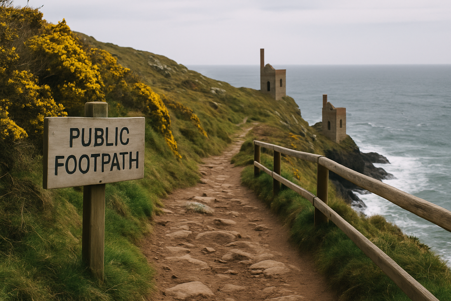 A signed public path leading toward the Crowns engine houses at Botallack