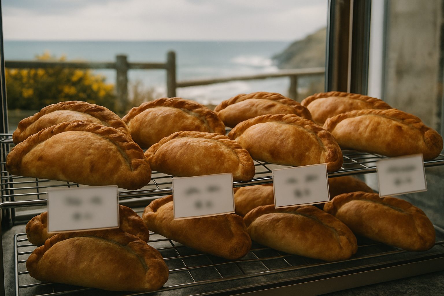 A bakery display case showing pasties with clear dietary labelling