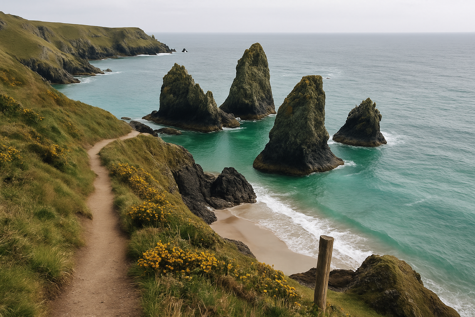 Kynance Cove's serpentine rock stacks seen from the upper coast path