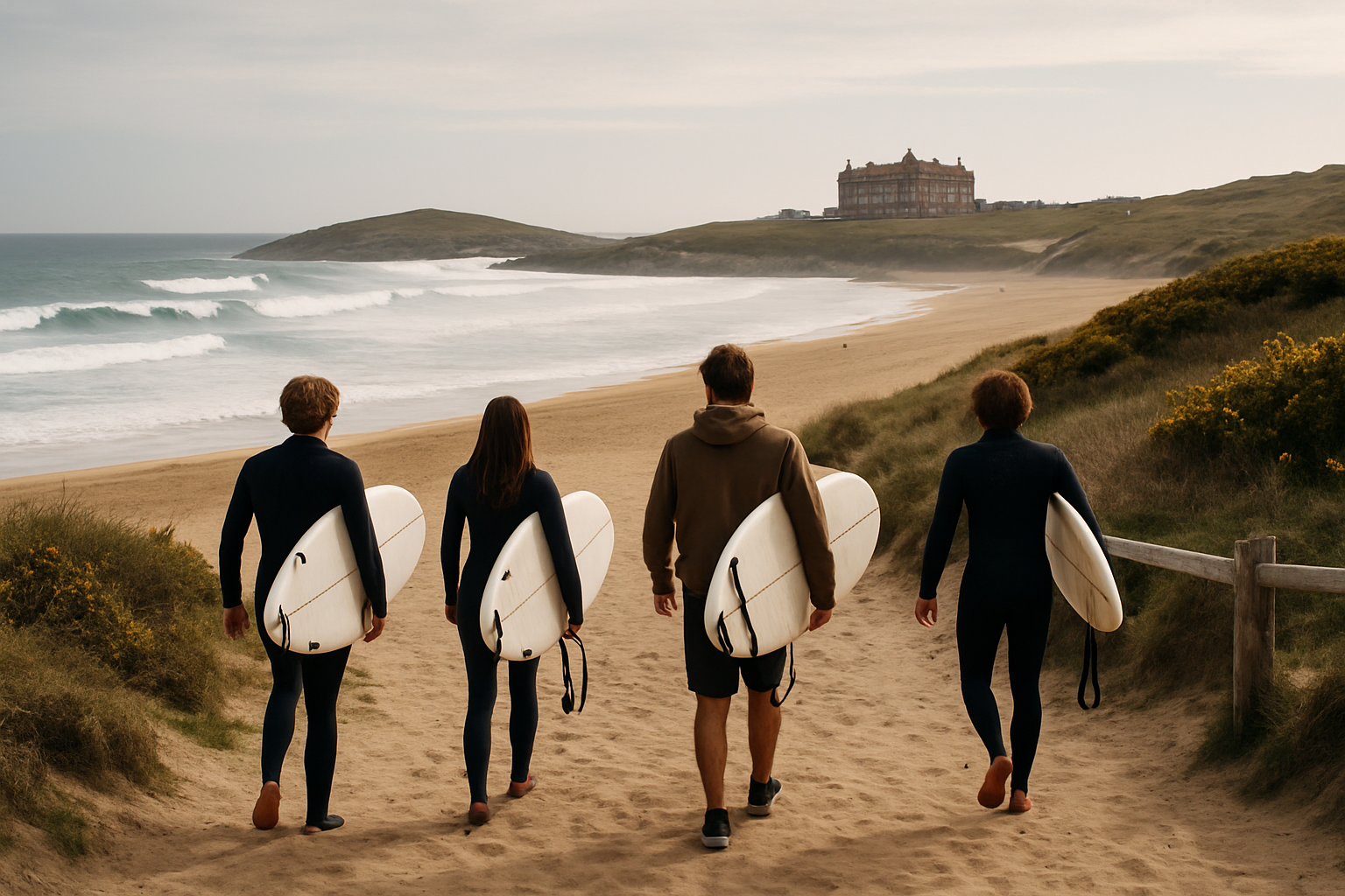 Surfers walking across Fistral Beach toward the Atlantic swell