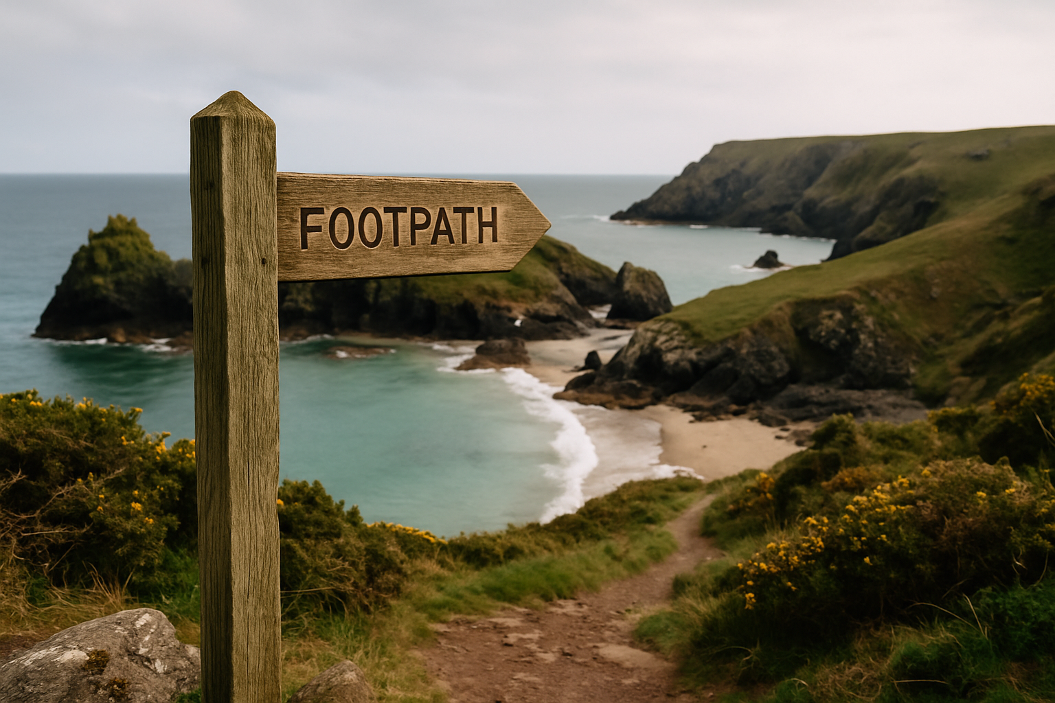 An official National Trust path sign on the cliff top above Kynance Cove