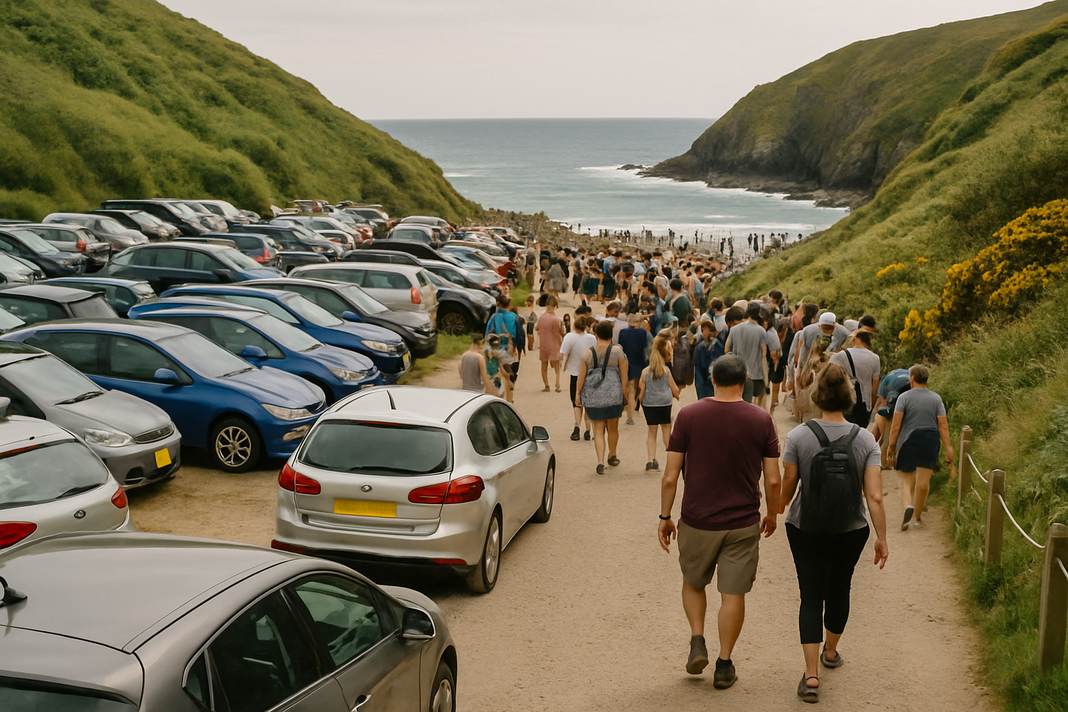 A busy summer car park and visitor path at Kynance Cove