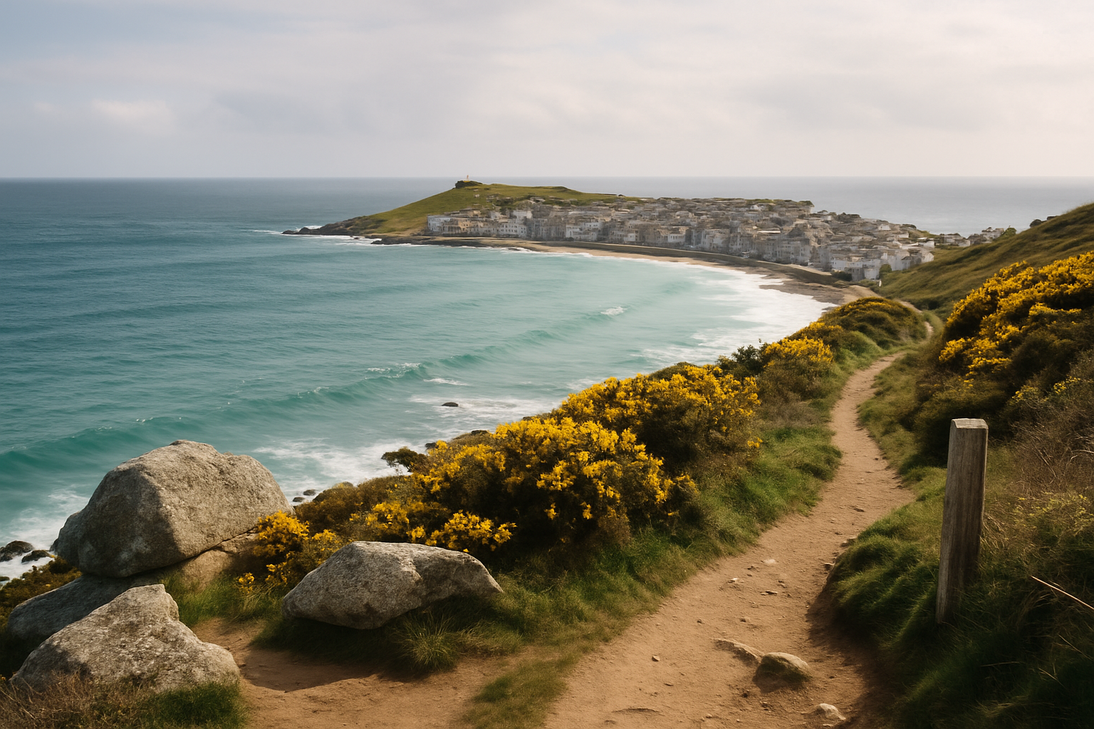 St Ives Bay seen from the coast path, with the town and open Atlantic behind