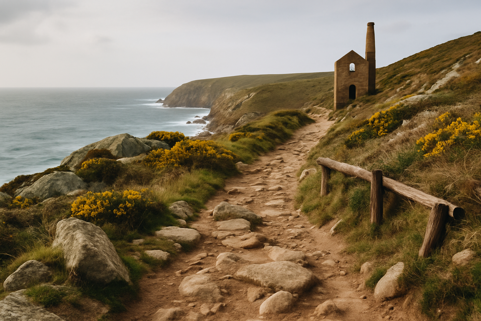 Rough, exposed granite coast path running through former mining ground in far west Cornwall