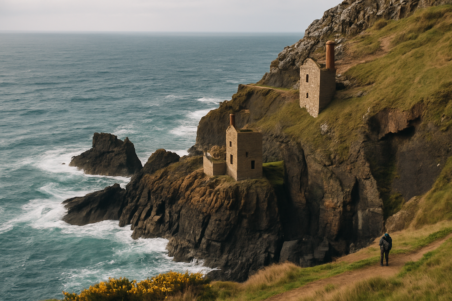 The Crowns engine houses at Botallack perched below the cliff top