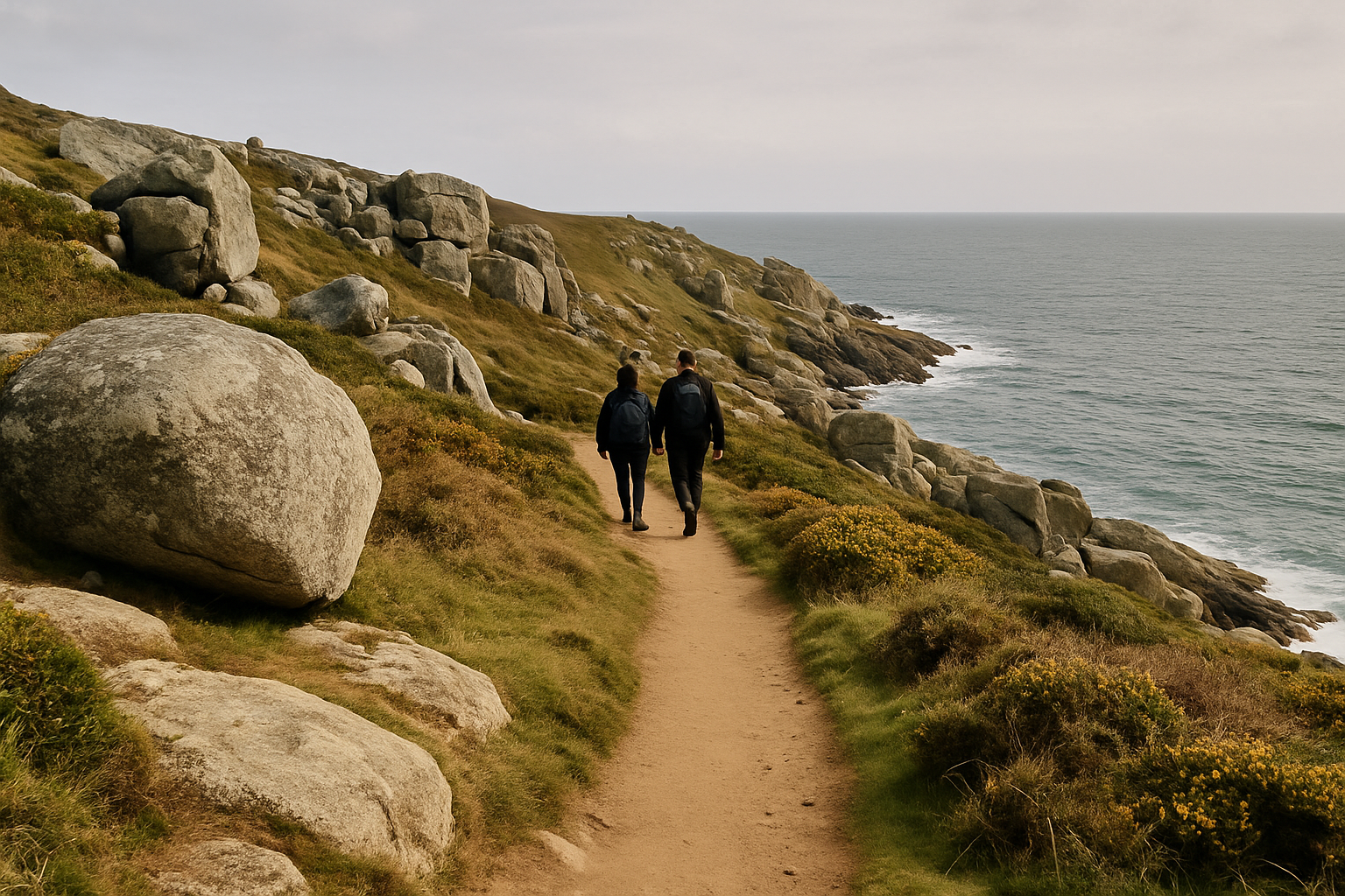 Granite coast path with the sea below between St Ives and Zennor